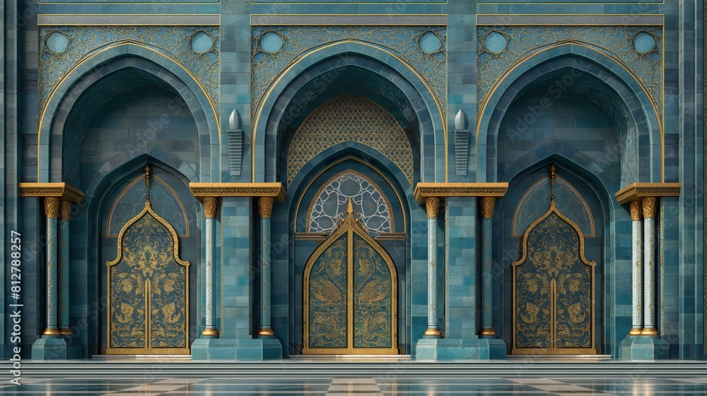 Architectural abstract of a blue and gold building with arched doors