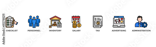 Cost reduction banner web icon illustration concept with icon of checklist, personnel, inventory, salary, tax, advertising and administration
