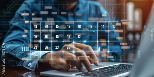 Businessman Manager Using white laptop to Organize Calendar Reminders on Virtual Screen Interface for Business Growth Strategy, Innovative future Technology, blurred blue background, generative ai
