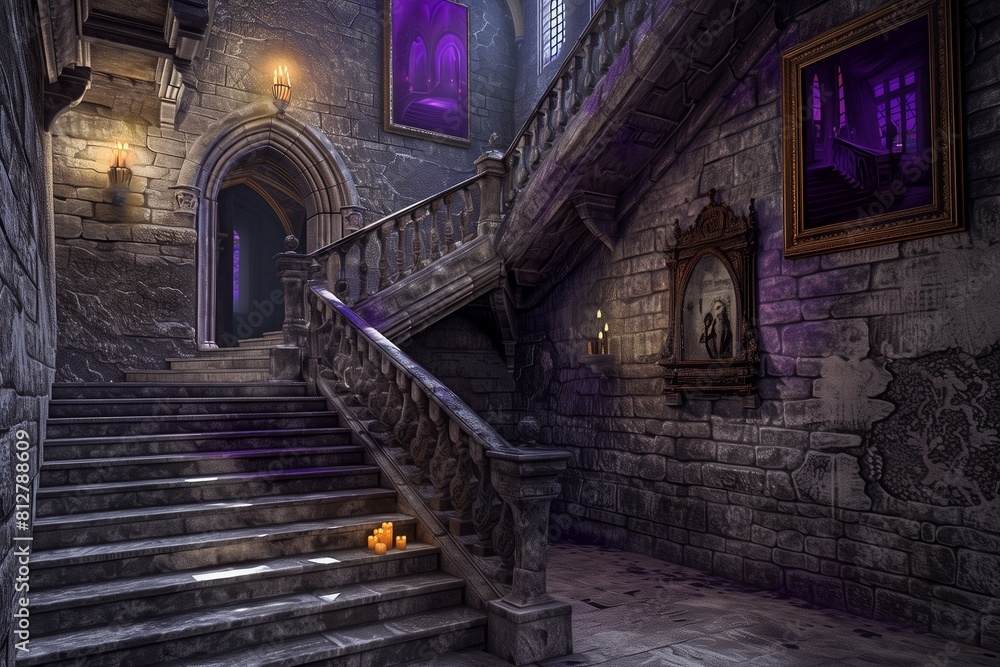 **Gothic Castle Stairs with Deep Purple Art Gallery, Illuminated by Flickering Candlelight