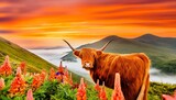 watercolor illustration of a highland cow with flowers mountain view vibrant colors orange sky