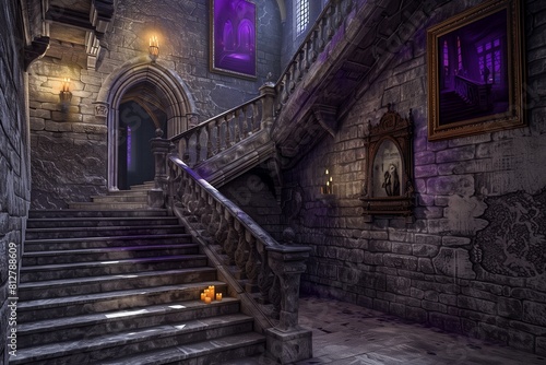   Gothic Castle Stairs with Deep Purple Art Gallery  Illuminated by Flickering Candlelight