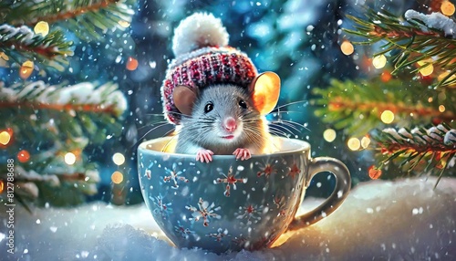a cheerful cute mouse in a knitted hat sitting in cup against the background of a winter forest with fir trees snow and colorful lights postcard for the new year holidays photo