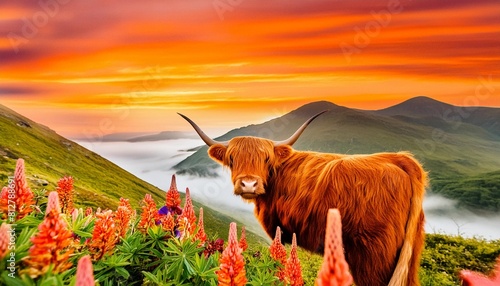watercolor illustration of a highland cow with flowers mountain view vibrant colors orange sky photo