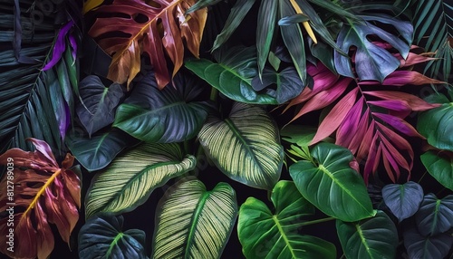 many brightly colored tropical plants are on a black wall photo