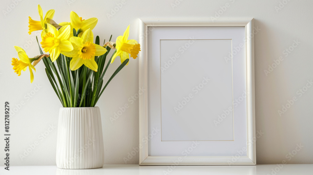 Breakfast still life., empty picture frame mockup on wooden desk, table. Vase with daffodils branches. Elegant working space, home office concept. Scandinavian interior design Breakfast still life., empty picture frame mockup on wooden desk, table. Vase with daffodils branches. Elegant working space, home office concept. Scandinavian interior design