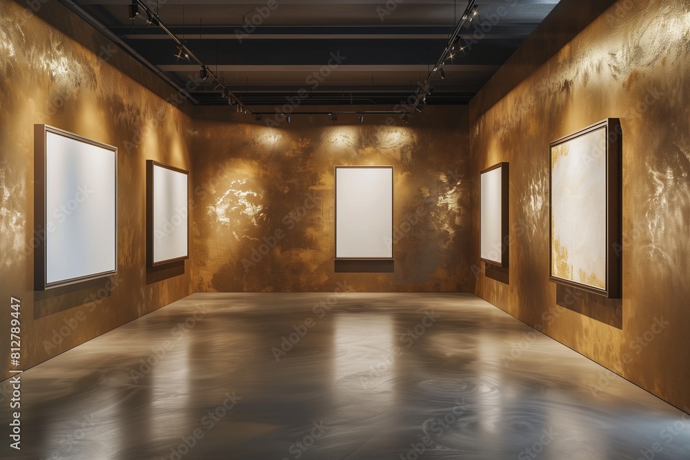 High-End Art Gallery with Bronze-Colored Walls, Featuring Canvas Frames for Mockup Displays, High-End Art Gallery with Bronze-Colored Walls, Featuring Canvas Frames for Mockup Displays,