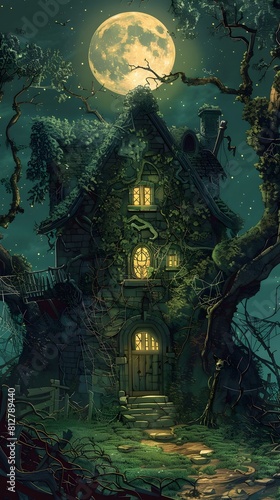 Enchanted Moonlit Cottage in Mysterious Woodland Landscape