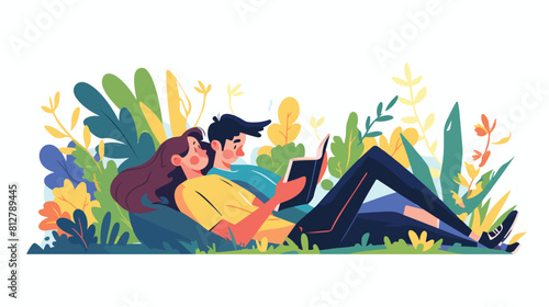 Boy man reading book and woman playing with smartph