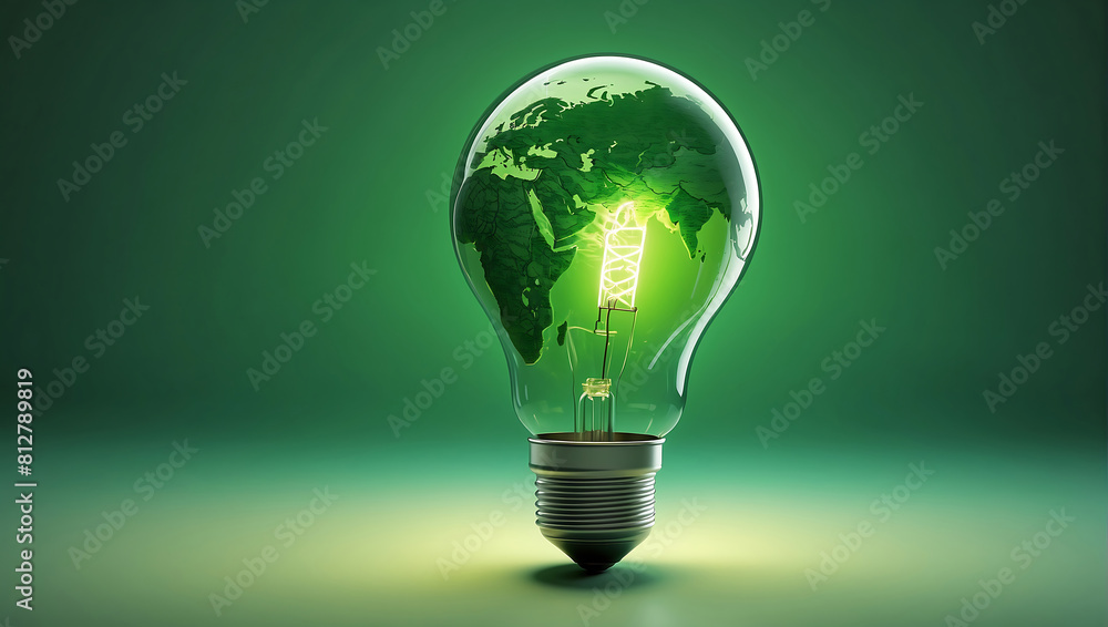 A green environmental ambient light bulb renewable energy with a green globe inside of it on a soft green lighting background A green environmental ambient light bulb renewable energy with a green globe inside of it on a soft green lighting background