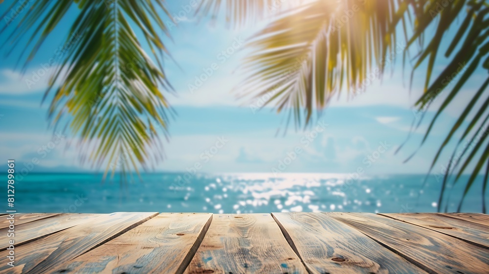 Top of wood table with seascape and palm tree blur bokeh light of calm sea and sky at tropical beach background Empty ready for your product display montage summer vacation background : Generative AI Top of wood table with seascape and palm tree blur bokeh light of calm sea and sky at tropical beach background Empty ready for your product display montage summer vacation background : Generative AI