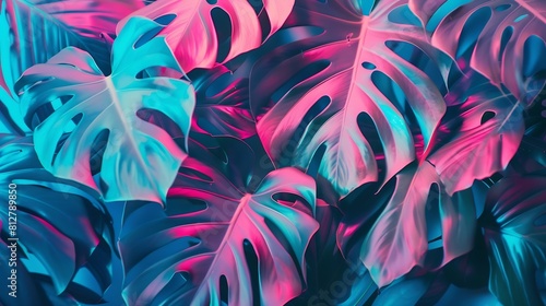 Creative fluorescent color layout made of tropical leaves Flat lay neon colors Nature concept   Generative AI
