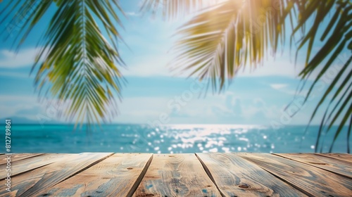 Top of wood table with seascape and palm tree blur bokeh light of calm sea and sky at tropical beach background Empty ready for your product display montage summer vacation background    Generative AI