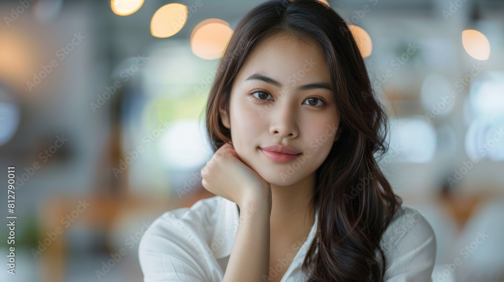 Pensive young woman in a white shirt, contemplating deeply with a focused expression in a modern office environment. Pensive young woman in a white shirt, contemplating deeply with a focused expression in a modern office environment.