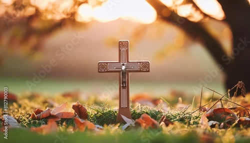 easter religious concept the cross on meadow autumn sunrise background