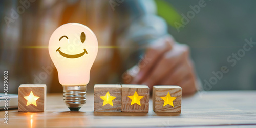 Businessman working with Wooden Block and light bulb smile, Activating Various Icons Symbolizing Innovation, five stars icons, Technology, and Positive Expression on Virtual Screen, Generative AI