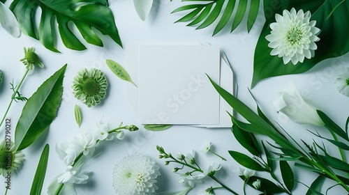 Creative layout made of flowers and leaves with paper card note Flat lay Nature concept : Generative AI