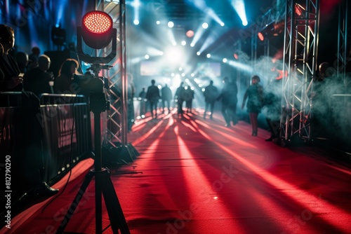 Vibrant red carpet event captured with illuminated spotlights and silhouetted attendees