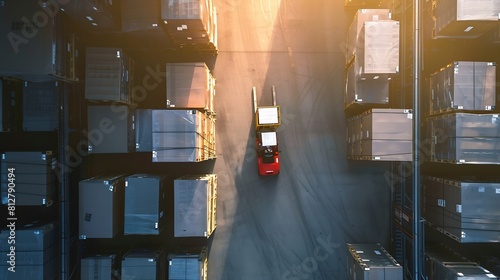 Aerial view of a forklift navigating outdoor aisles showcasing an organized storage area under bright daylight highlighting the efficiency of the operation : Generative AI