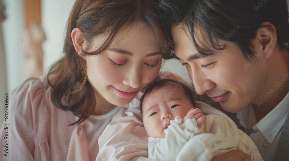Tender moment of a young couple cradling their newborn baby, showcasing love and connection in a cozy home setting. Tender moment of a young couple cradling their newborn baby, showcasing love and connection in a cozy home setting.