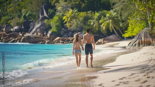 Anse Lazio Praslin Seychelles a young couple of men and women on a tropical beach during a luxury vacation in Seychelles Tropical beach Anse Lazio Praslin Seychelles : Generative AI