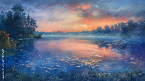 A serene lakeside scene at dawn  with mist rising from the water and colorful reflections of the sky painting the surface  evoking a sense of tranquility and gratitude for the beauty of nature.