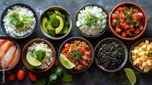 In the photo, black beans and fish are among the healthy foods arranged on the table to build muscle. Fresh herbs are arranged next to the dishes.