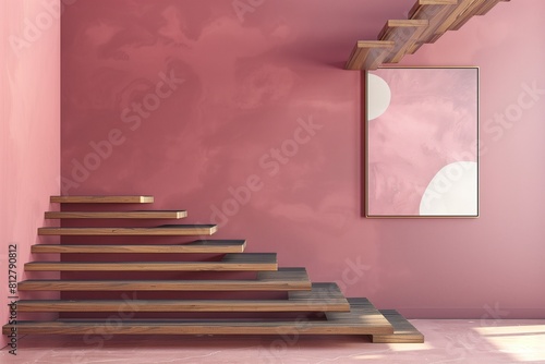 Modern Artistic Staircase with Sleek Wooden Steps in a Dusty Rose Art Gallery   Includes Copy Space for Text.