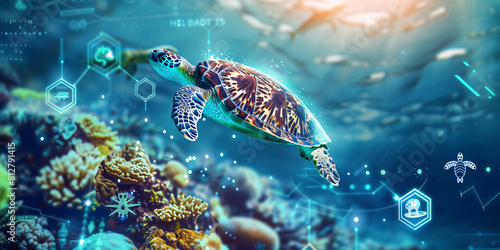 Oceanic concept, Hawaiian Green Sea Turtle Amid Coral Reefs, Representing Future Sea Technology, Activating Icons for Innovation, and Positivity on Virtual Screen, Generative AI