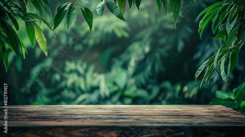 Old wood empty table for product display in front of River tamarind Leucaena leucocephala green leaves   Generative AI