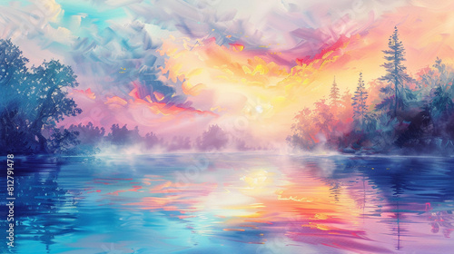 A serene lakeside scene at dawn, with mist rising from the water and colorful reflections of the sky painting the surface, evoking a sense of tranquility and gratitude for the beauty of nature.