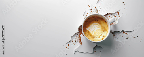 A cappuccino sticking out of a white background hole banner with space for a copy photo