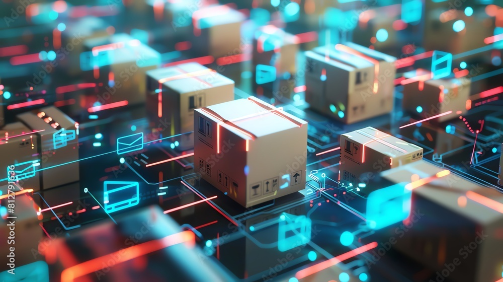 A digital representation of a logistics network. Boxes represent packages, and the lines represent the paths they take to reach their destinations. A digital representation of a logistics network. Boxes represent packages, and the lines represent the paths they take to reach their destinations.