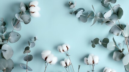 Flowers composition Fresh eucalyptus branches and cotton flowers Flat lay top view : Generative AI