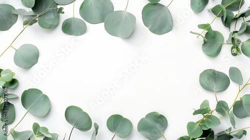 green eucalyptus leaves frame banner top view isolated on white background with copy space flat lay : Generative AI