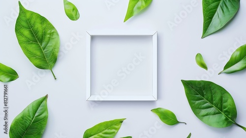creative layout green leaves with white square frame flat lay for advertising card or invitation : Generative AI