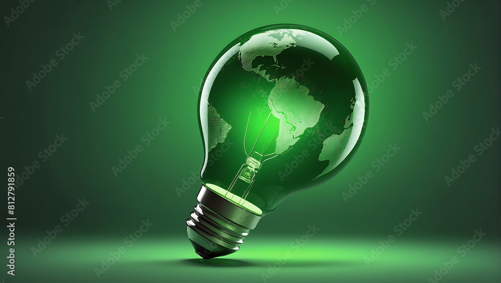 A green environmental ambient light bulb renewable energy with a green globe inside of it on a soft green lighting background 