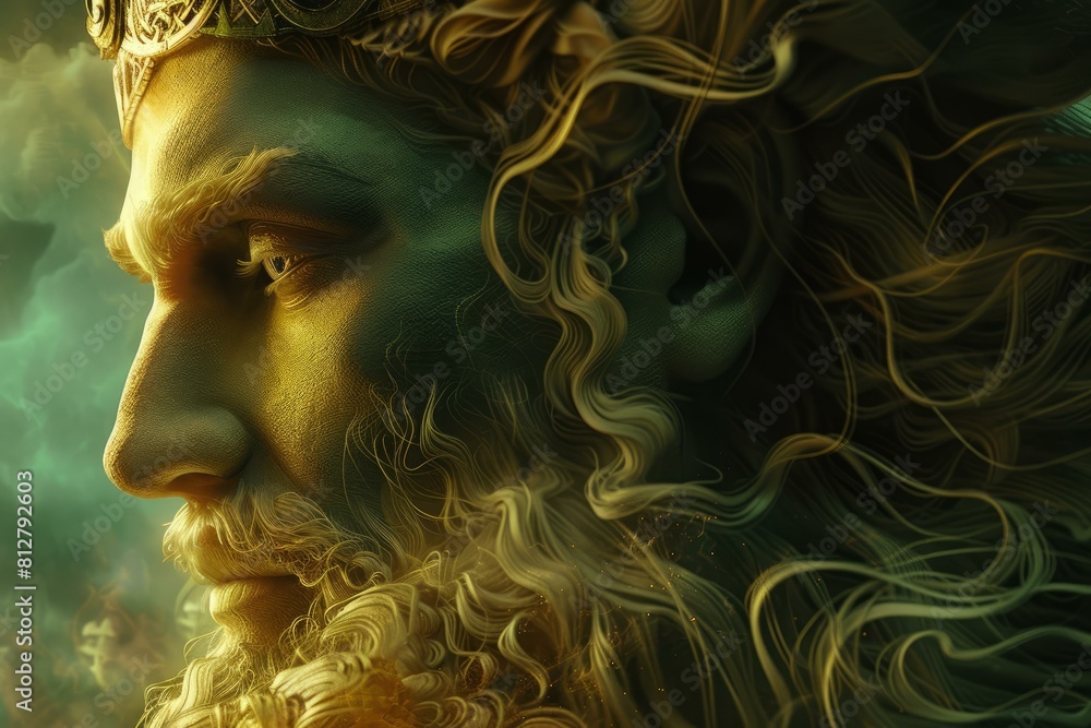Digital artwork of a regal fantasy king adorned with a golden crown amidst mystical clouds Digital artwork of a regal fantasy king adorned with a golden crown amidst mystical clouds
