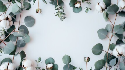 Flowers composition Frame made of fresh eucalyptus branches and cotton flowers Flat lay top view copy space : Generative AI