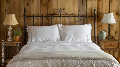 A handcrafted king-size bed with a wrought-iron headboard and crisp white linens. Antique side tables in a weathered wood finish flank the bed, each adorned with a ceramic lamp and a family heirloom. 