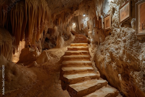 Stalactite-Covered Stairs in Cave with Peach Art Gallery, Lit by Subtle Artificial Lighting photo