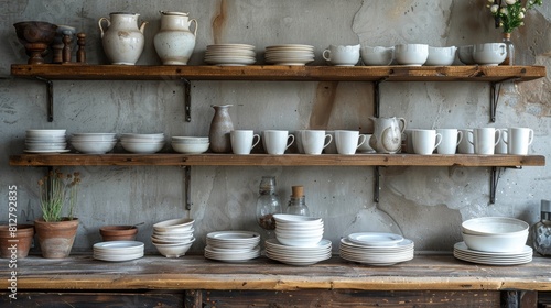 Various cups, plates and saucers are displayed on a wall of dishes