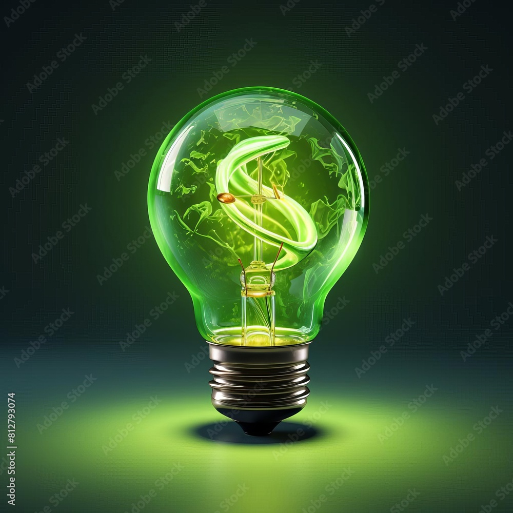Illustrate a high-angle view of a luminous, sleek Light Bulb entwined with a vivid Green Energy Icon, contrasting metal and glass textures Make it photorealistic Illustrate a high-angle view of a luminous, sleek Light Bulb entwined with a vivid Green Energy Icon, contrasting metal and glass textures Make it photorealistic