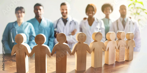 inclusion of a colored wooden human figures on the table with glowing white light, with the background ethnically diverse medical doctors group with arms closed, business grow sales, Generative AI"