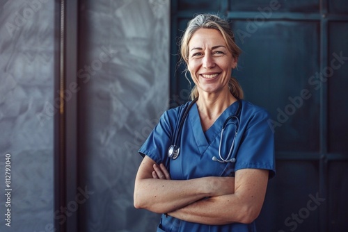 Capture the essence of dedication and warmth with a portrait of a female middle-aged healthcare professional, her arms crossed and a genuine smile gracing her face as she looks directly at the camera,