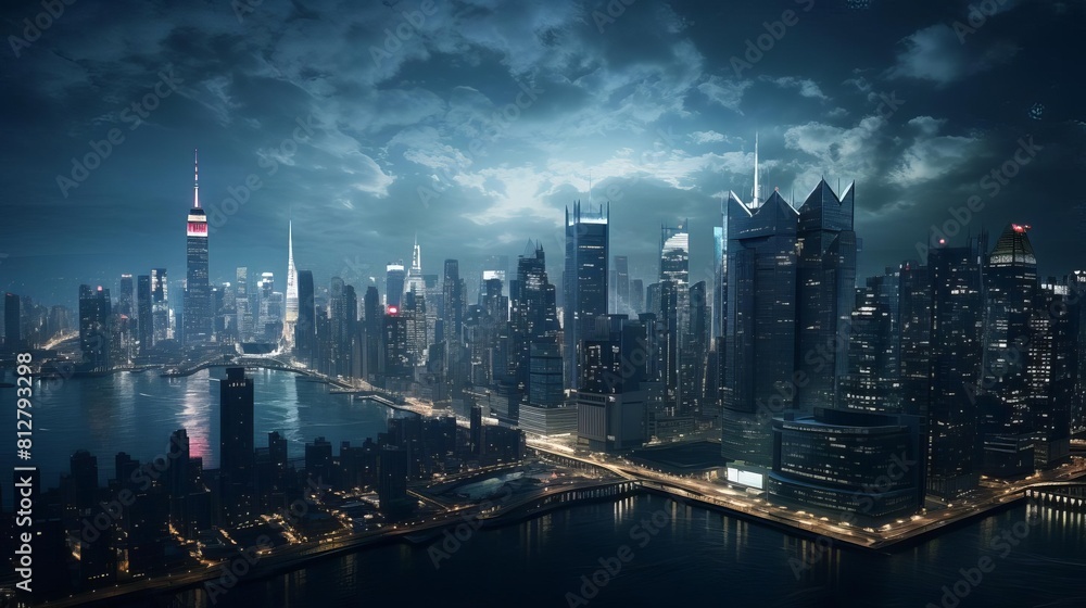 Illustrate a vast cityscape under a wide-angle view