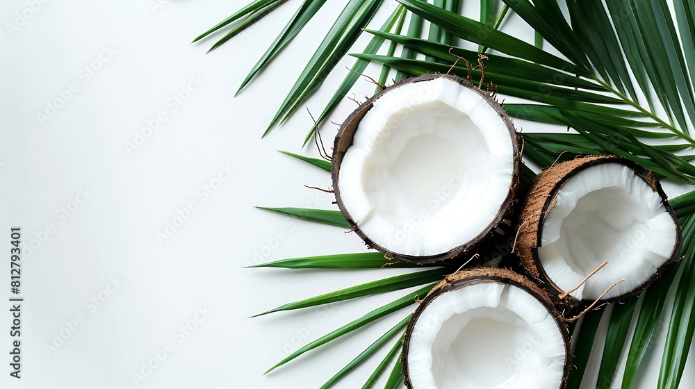 Fresh coconut and palm leaf creative layout isolated on white background Food healthy eating and dieting concept Design element Flat lay top view : Generative AI Fresh coconut and palm leaf creative layout isolated on white background Food healthy eating and dieting concept Design element Flat lay top view : Generative AI