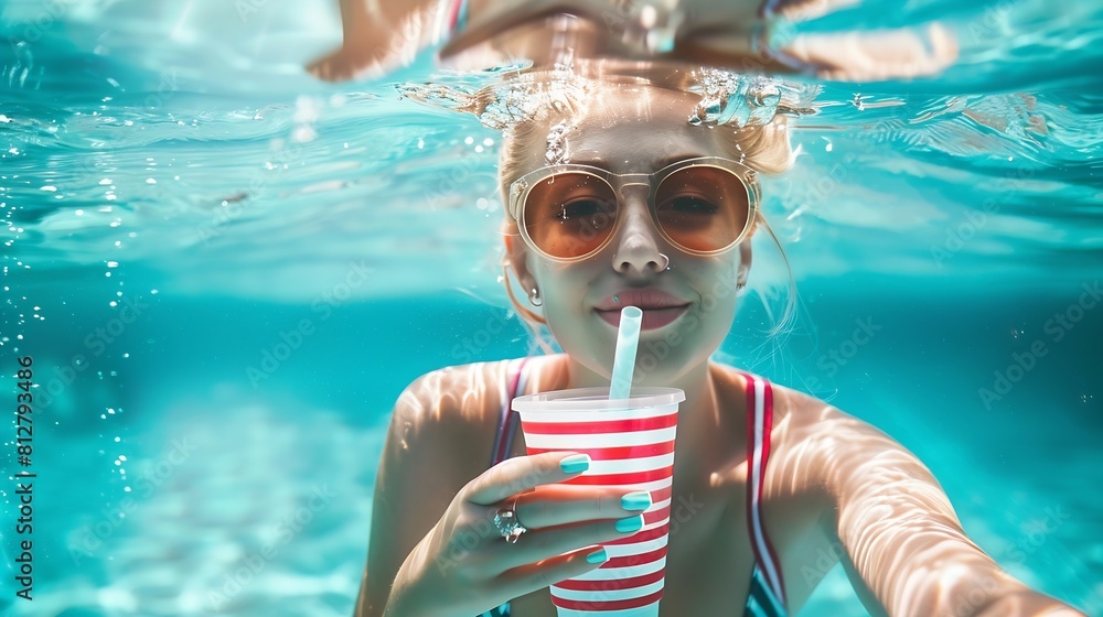 Fototapeta premium Summer lifestyle portrait of young stunning blonde girl Enjoying life smiling drinking cocktail in the turquoise sea Wearing stylish sunglasses stripes swimsuit Half over half under wa : Generative AI
