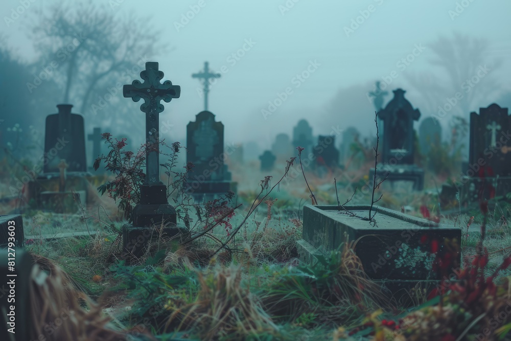 Fototapeta premium Tranquil and eerie misty cemetery at dawn with overgrown tombstones and foggy crosses creating a moody and atmospheric atmosphere full of solitude and reverence