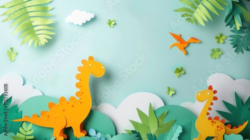Playful paper frame with a dinosaur theme, ideal for childrens photos, isolated on white © Nisit